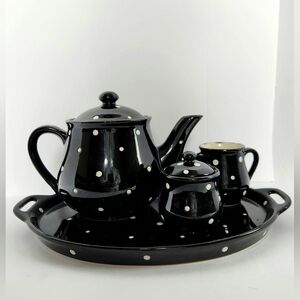 Temp-Tations 4 Pc Black And White Polka Dot Tea Serving Set Excellent Condition